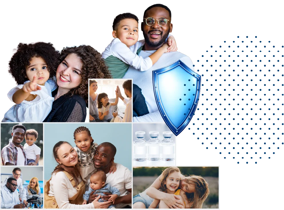Collage of diverse families smiling and hugging, with a blue shield symbolizing protection.