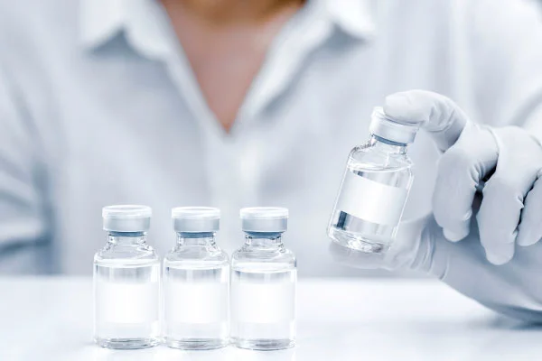 Gloved hand holding a small glass vial above a row of three vials on a lab bench.